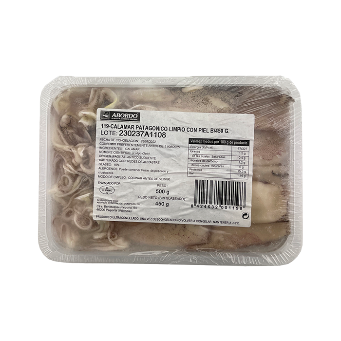 UND 10 CALAMAR CHIPIRON PATAGONICO (LIMPIO) (CON PIEL) B/450G